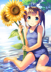 Rule 34 | 1girl, ahoge, bare arms, bare legs, bare shoulders, barefoot, blue one-piece swimsuit, blue sky, blush, breasts, brown hair, closed mouth, cloud, cloudy sky, collarbone, commentary request, day, fingernails, flower, green eyes, hair bun, head tilt, highres, holding, holding flower, long hair, looking at viewer, one-piece swimsuit, original, outdoors, school swimsuit, single hair bun, sitting, sky, small breasts, smile, solo, sunflower, swimsuit, takoyaki (roast), twintails, very long hair, water, yellow flower