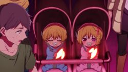 Rule 34 | 1girl, 2boys, animated, baby, blonde hair, blue eyes, brother and sister, child, glowstick, hoshino aquamarine, hoshino ruby, multiple boys, multiple girls, oshi no ko, pacifier, screencap, siblings, stroller, symbol-shaped pupils, tagme, video
