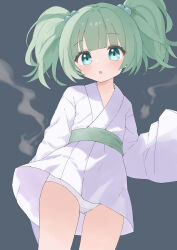 1girl :o aqua_eyes blush commentary_request cowboy_shot dark_background eyebrows_hidden_by_hair eyelashes gluteal_fold green_hair green_sash hair_bobbles hair_ornament highres japanese_clothes kimono kisume looking_at_viewer panties partial_commentary sash simple_background solo standing thighs touhou twintails underwear white_kimono white_panties wind wind_lift yamadin yukata