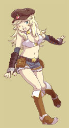 Rule 34 | 1girl, :d, belt, belt buckle, bikini, bikini top only, blonde hair, blue gloves, blue shorts, blush, boots, breasts, brown belt, brown footwear, brown hat, buckle, cabbie hat, commentary request, elbow gloves, fingerless gloves, food-themed hat ornament, full body, fur-trimmed shorts, fur trim, gloves, green background, green eyes, hat, hat ornament, long hair, looking to the side, medium breasts, midriff, navel, nyt (1-0-z), one eye closed, open mouth, ragnarok online, short shorts, shorts, simple background, smile, solo, star (symbol), strawberry hat ornament, swimsuit, vambraces, white bikini, whitesmith (ragnarok online)