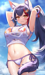 Rule 34 | 1girl, :3, :d, absurdres, alternate hairstyle, animal ears, armpits, arms behind head, bikini, bikini under clothes, black hair, blue sky, blush, breasts, brown eyes, closed mouth, cloud, day, deaver, fang, floral print, hair ornament, halterneck, highres, hololive, large breasts, long hair, looking at viewer, multicolored hair, navel, no pants, ookami mio, ookami mio (hololive summer 2019), open mouth, ponytail, print bikini, red hair, side-tie bikini bottom, sky, smile, solo, streaked hair, string bikini, swimsuit, tail, virtual youtuber, water, wet, wolf ears, wolf tail