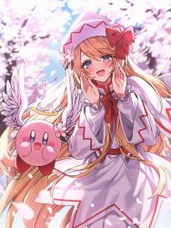 Rule 34 | 1girl, :d, blonde hair, blue eyes, blue sky, blush, bow, capelet, cherry blossoms, commentary request, cowboy shot, crossover, cupid kirby, dress, enoki 3106, fairy wings, feathered wings, flower, halo, hands up, hat, hat bow, hat flower, kirby, kirby (series), lily white, long hair, long sleeves, looking at viewer, necktie, nintendo, open mouth, outdoors, red bow, red necktie, signature, sky, smile, touhou, white capelet, white dress, white headwear, wings
