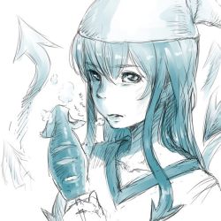 Rule 34 | 1girl, bad id, bad twitter id, blue theme, commentary request, food, hair between eyes, hat, holding, holding food, ikamusume, looking at viewer, monochrome, nucomas, shinryaku! ikamusume, sketch, solo, squid, steam, tentacle hair, upper body