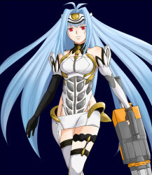 Rule 34 | 1girl, android, animal ears, bare shoulders, blue background, blue hair, breasts, closed mouth, commentary request, cyborg, elbow gloves, expressionless, forehead protector, gloves, gold trim, highleg, kos-mos, leotard, long hair, simple background, solo, standing, thighhighs, very long hair, xenosaga