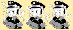 Rule 34 | + +, 1girl, :&lt;, :d, ^ ^, armband, blue archive, blush, bow, character name, closed eyes, coat, commentary request, expressions, greyscale with colored background, hair ribbon, hat, hat bow, highres, ibuki (blue archive), kanohara (63xmrr), looking at viewer, military uniform, one side up, open mouth, peaked cap, ribbon, sidelocks, simple background, sleeves past fingers, sleeves past wrists, smile, solo focus, uniform, upper body, yellow background
