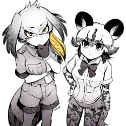 Rule 34 | 2girls, african wild dog (kemono friends), african wild dog print, animal ears, arm at side, arm under breasts, artist name, bare arms, bird girl, bird tail, bird wings, blonde hair, bodystocking, bow, bowtie, breasts, closed mouth, collared shirt, cutoffs, dog ears, dog girl, dog tail, expressionless, feet out of frame, gloves, greyscale, hair between eyes, hand on own hip, hand on own chin, hand up, head wings, highres, kemono friends, layered sleeves, pantyhose under shorts, long hair, long sleeves, looking at viewer, medium hair, monochrome, multicolored hair, multiple girls, necktie, pantyhose, shirt, shoebill (kemono friends), short over long sleeves, short shorts, short sleeves, shorts, spot color, standing, staring, stroking own chin, tail, thinking, wing collar, wings, yellow eyes, yokuko zaza