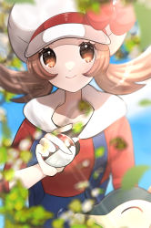Rule 34 | 1girl, absurdres, blue overalls, bow, brown eyes, brown hair, cabbie hat, creatures (company), cyndaquil, game freak, gen 2 pokemon, hat, hat bow, highres, holding, holding poke ball, kurumiya (krmy p), leaf, looking at viewer, lyra (pokemon), nintendo, overalls, poke ball, pokemon, pokemon (creature), pokemon hgss, red bow, red shirt, shirt, smile, twintails, twitter username, white headwear