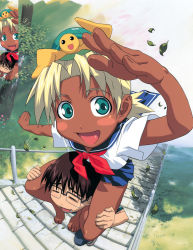 Rule 34 | 1boy, 1girl, barefoot, blonde hair, blush, blush stickers, brown hair, carrying, dark-skinned female, dark skin, facial mark, feet, forehead mark, from above, glasses, green eyes, highres, kaolla su, love hina, official art, open mouth, outdoors, piggyback, salute, school uniform, shoulder carry, smile, stairs, tama (love hina), toes, turtle, urashima keitarou