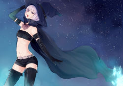 Rule 34 | 1girl, bandeau, belt, black thighhighs, cape, elbow gloves, female focus, gloves, halloween, hand on headwear, hareno chiame, hat, highres, midriff, mole, mole under eye, navel, night, open mouth, original, purple eyes, purple hair, short hair, short shorts, shorts, solo, star (sky), strapless, thighhighs, tube top, white hair, witch, witch hat