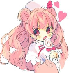 Rule 34 | 1girl, :o, bad id, bad twitter id, blush, candy, capelet, coat, commentary request, double bun, food, hair bun, hat, heart, holding, holding candy, holding food, holding lollipop, lollipop, long hair, long sleeves, looking at viewer, nekotorina, open mouth, original, pink eyes, pink hair, pom pom (clothes), red coat, red ribbon, ribbon, simple background, sketch, solo, sparkle, sparkling eyes, swirl lollipop, two-handed, white background, white capelet, white hat, wide sleeves