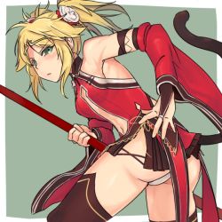 Rule 34 | 1girl, blonde hair, circlet, clothing cutout, detached sleeves, fate/apocrypha, fate/grand order, fate (series), fujimaru ritsuka (female), fujimaru ritsuka (female) (the three great heroes), green eyes, i-pan, midriff, monkey tail, mordred (fate), mordred (fate/apocrypha), navel, navel cutout, official alternate costume, panties, pantyshot, short twintails, solo, staff, tail, thighhighs, twintails, underwear, zettai ryouiki
