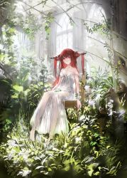Rule 34 | 1girl, absurdres, bare shoulders, chair, character request, dress, gawako, highres, horns, indoors, plant, red eyes, red hair, ruins, see-through, see-through dress, sitting, solo