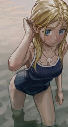 Rule 34 | 1girl, absurdres, blonde hair, blue eyes, blue one-piece swimsuit, breasts, collarbone, competition school swimsuit, cowboy shot, highres, jewelry, kofune ushio, long hair, looking at viewer, medium breasts, necklace, one-piece swimsuit, school swimsuit, shell, shell necklace, solipsist, solo, standing, summertime render, swimsuit, very long hair, wading