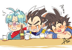 Rule 34 | 10s, 3boys, @ @, alcohol, annoyed, armor, artist name, azu (kirara310), bad id, bad pixiv id, beer, black hair, blue hair, blush, blush stickers, bottle, closed eyes, crying, cup, dougi, dragon ball, dragon ball super, dragonball z, drink, drinking glass, drooling, drunk, closed eyes, father and son, frown, gloves, jacket, kerchief, looking away, male focus, multiple boys, open mouth, short hair, simple background, sitting, sleeping, son goku, spiked hair, sweatdrop, table, tears, trunks (dragon ball), trunks (future) (dragon ball), u u, vegeta, white background, wristband, zzz