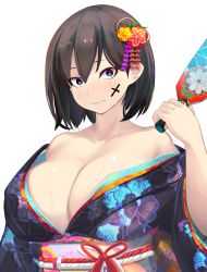Rule 34 | 1girl, bare shoulders, blue eyes, breasts, brown hair, cleavage, hair ornament, highres, japanese clothes, kimono, large breasts, looking at viewer, original, sanpaku, shiki (psychedelic g2), short hair, simple background, smile, solo, sweat, upper body