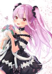 Rule 34 | 1girl, :d, absurdres, bare shoulders, black choker, black dress, blush, bouquet, bug, butterfly, choker, collarbone, commentary, cowboy shot, dress, flower, frilled dress, frilled straps, frills, highres, holding, holding bouquet, hololive, huge filesize, insect, kairono3jou, long hair, looking at viewer, off-shoulder dress, off shoulder, open mouth, pink hair, red eyes, short dress, short sleeves, sidelocks, smile, solo, symbol-only commentary, two side up, uruha rushia, uruha rushia (3rd costume), virtual youtuber, wristband