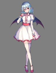 Rule 34 | 1girl, bat wings, blue hair, blush, center frills, commentary, crossed legs, dress, frilled shirt collar, frills, full body, grey background, hair between eyes, hand up, head tilt, high heels, highres, juliet sleeves, junior27016, long sleeves, looking at viewer, no headwear, pointy ears, puffy sleeves, red eyes, red footwear, red sash, remilia scarlet, sash, short dress, short hair, sidelocks, simple background, sketch, smile, solo, standing, thighhighs, touhou, watson cross, white dress, white thighhighs, wings, zettai ryouiki