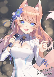 Rule 34 | 1girl, :d, animal ear fluff, animal ears, blue eyes, blue ribbon, clothing cutout, commission, flower, hair flower, hair ornament, highres, hizuki rurufu, holding, holding microphone, long hair, looking at viewer, microphone, neck ribbon, nonono (1399900), open mouth, pink hair, ribbon, skeb commission, smile, snack nili, solo, upper body, virtual youtuber, wolf ears, wolf girl