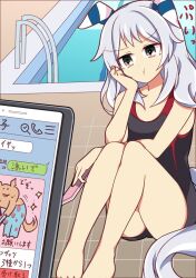 Rule 34 | 1girl, alternate costume, animal ears, bare shoulders, barefoot, black one-piece swimsuit, breasts, brown eyes, cellphone, commentary request, ear covers, grey hair, highres, hishi miracle (umamusume), horse ears, horse girl, horse tail, knees up, medium breasts, on ground, one-piece swimsuit, outdoors, phone, pool, poolside, smartphone, solo, swimsuit, tail, umamusume, wahiko (black bastard)