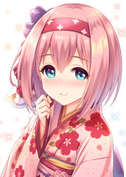 Rule 34 | 1girl, blue eyes, blush, closed mouth, commentary request, floral print, hair between eyes, hair ornament, hair ribbon, hairband, highres, japanese clothes, kimono, long sleeves, looking at viewer, nose blush, obi, pinching sleeves, pink hair, pink kimono, princess connect!, print kimono, red hairband, ribbon, sash, simple background, sleeves past wrists, smile, solo, tomo (tmtm mf mf), upper body, white background, white ribbon, wide sleeves, yui (new year) (princess connect!), yui (princess connect!)