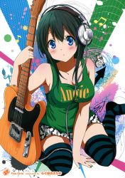 Rule 34 | 1girl, :o, absurdres, arrow (projectile), bare shoulders, black thighhighs, blue eyes, blush, breasts, bug, butterfly, cleavage, electric guitar, fender telecaster, green hair, green thighhighs, guitar, headphones, highres, insect, instrument, ragho no erika, shirt, short shorts, shorts, sitting, sleeveless, sleeveless shirt, solo, striped clothes, striped thighhighs, thighhighs, wariza