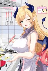 Rule 34 | 1girl, absurdres, apron, blonde hair, blue eyes, breasts, cooking, demon girl, demon horns, demon tail, demon wings, grey sweater, highres, hololive, horns, kudoukudokudo, large breasts, looking at viewer, one eye closed, open mouth, pointy ears, smile, solo, sweater, tail, turtleneck, turtleneck sweater, virtual youtuber, white apron, wings, yuzuki choco