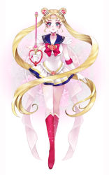Rule 34 | 1990s (style), 1girl, bishoujo senshi sailor moon, blonde hair, blue sailor collar, boots, bow, brooch, bud89, choker, double bun, elbow gloves, full body, gloves, green eyes, hair bun, hair ornament, hairpin, heart, heart brooch, jewelry, kaleidomoon scope, knee boots, long hair, magical girl, multicolored clothes, multicolored skirt, red bow, retro artstyle, ribbon, sailor collar, sailor moon, skirt, smile, solo, super sailor moon, tiara, tsukino usagi, twintails, wand, white gloves