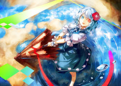 Rule 34 | 1girl, :d, blue hair, flower, flower on head, from above, hair flower, hair ornament, heterochromia, holding, karakasa obake, kozou (soumuden), looking at viewer, looking up, open mouth, smile, solo, tatara kogasa, tongue, tongue out, touhou, umbrella, water drop, wrist cuffs