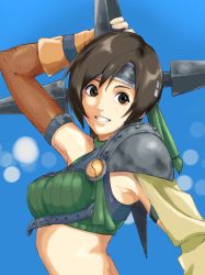 Rule 34 | 1girl, arm up, armor, armpits, blue background, breasts, brown eyes, brown hair, commentary request, final fantasy, final fantasy vii, fingerless gloves, fishnets, gloves, grin, headband, highres, looking back, medium breasts, midriff, ninja, pretty-purin720, short hair, shuriken, sleeveless, sleeveless turtleneck, smile, solo, square enix, turtleneck, upper body, weapon, yuffie kisaragi