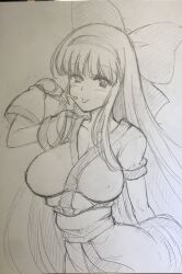 Rule 34 | 1girl, ainu clothes, arm behind back, arm up, breasts, c.r., cleavage, finger to mouth, fingerless gloves, gloves, hair ribbon, highres, large breasts, long hair, monochrome, nakoruru, naughty face, ribbon, samurai spirits, smile, snk, solo, tongue, tongue out, traditional media