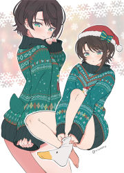 Rule 34 | 1girl, bird tail, black hair, blush, bow, christmas, closed mouth, commentary request, dress, fur trim, green bow, green eyes, green sweater, hat, highres, hololive, long sleeves, no pants, oozora subaru, santa hat, short hair, socks, solo, striped, striped bow, sweater, sweater dress, tail, thighs, twitter username, vinhnyu, virtual youtuber