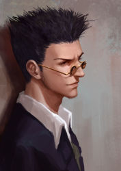 Rule 34 | 1boy, absurdres, black hair, collared shirt, facial hair, from side, glasses, highres, hunter x hunter, leorio paladiknight, male focus, portrait, round eyewear, shadow, shirt, solo, stan., stubble, upper body