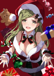 Rule 34 | 1girl, absurdres, bare shoulders, black pantyhose, blush, box, breasts, candy, character doll, cleavage, commentary request, detached collar, food, gift, gift box, green eyes, green hair, hat, highres, idolmaster, idolmaster shiny colors, large breasts, long hair, looking at viewer, nanakusa hazuki, pantyhose, puni (punycolors), reaching, reaching towards viewer, red background, santa costume, santa hat, short hair, smile, solo, straight hair, swept bangs, two-tone bowtie, very long hair