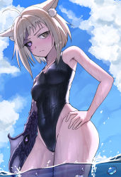Rule 34 | 1girl, absurdres, ahoge, animal ear fluff, animal ears, asymmetrical arms, black sclera, blush, breasts, brown eyes, brown hair, cloud, cloudy sky, collarbone, colored sclera, colored skin, commentary request, hand on own hip, heterochromia, highres, looking at viewer, mismatched pupils, mismatched sclera, multicolored skin, original, partially submerged, purple eyes, purple skin, short hair, sky, slit pupils, small breasts, solo, standing, swimsuit, tentacles, two-tone skin, wet, yuritopia