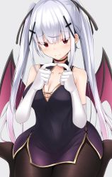 Rule 34 | 1girl, bat wings, black choker, black pantyhose, black ribbon, blush, breasts, choker, cleavage, collarbone, demon girl, doyachii, elbow gloves, eyes visible through hair, fine fabric emphasis, gloves, grey background, hair ornament, hair ribbon, highres, large breasts, long hair, looking at viewer, original, pantyhose, red eyes, ribbon, silver hair, simple background, sitting, smile, solo, thighs, twintails, white gloves, wide hips, wings
