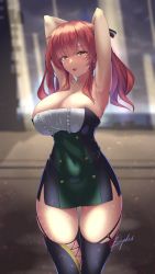 Rule 34 | 1girl, armpits, arms behind head, artist name, azur lane, black dress, black thighhighs, blurry, blurry background, breasts, buttons, center frills, cleavage, double-breasted, dress, frills, garter straps, green dress, highres, italian flag, large breasts, long hair, looking at viewer, outdoors, red hair, skindentation, sleeveless, sleeveless dress, solo, strapless, strapless dress, taut clothes, taut dress, thigh gap, thighhighs, two-tone dress, yellow eyes, zara (azur lane), zephid
