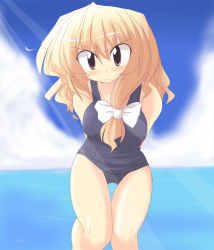 Rule 34 | 1girl, angry, arms behind back, artist request, blonde hair, blue one-piece swimsuit, blush, breasts, brown eyes, character request, cloud, collarbone, copyright request, hair ribbon, light rays, long hair, looking at viewer, medium breasts, ocean, one-piece swimsuit, ribbon, school swimsuit, sky, solo, standing, sunbeam, sunlight, swimsuit, water