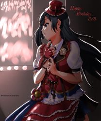 Rule 34 | 1girl, artist name, artist request, black hair, black skirt, blue hair, blue ribbon, blush, breasts, chase (love live!), collared shirt, dark blue hair, dress shirt, earrings, female focus, fingerless gloves, gloves, glowstick, grey eyes, hair ornament, hairclip, half gloves, hat, highres, jewelry, layered skirt, long hair, looking at viewer, love live!, love live! nijigasaki high school idol club, love live! school idol festival, medium breasts, mini hat, mini top hat, miniskirt, necktie, on stage, parted lips, plaid, plaid skirt, pleated, pleated skirt, ponytail, puffy short sleeves, puffy sleeves, purple neckwear, red gloves, red hat, red shirt, red skirt, red vest, ribbon, shirt, short sleeves, side ponytail, skirt, smile, solo, sparkle print, stage, stage lights, suspender skirt, suspenders, top hat, triangle earrings, vest, white shirt, wing collar, yuki setsuna (love live!)
