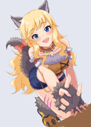 Rule 34 | 1girl, all fours, animal ears, bare shoulders, blonde hair, blue eyes, blush, bow, breasts, collarbone, commentary request, denim, denim shorts, fang, fingerless gloves, gloves, halloween costume, idolmaster, idolmaster cinderella girls, idolmaster cinderella girls starlight stage, jewelry, lawson, long hair, looking at viewer, medium breasts, namidako, necklace, ohtsuki yui, open mouth, red bow, short shorts, shorts, smile, solo, tail, tail bow, tail ornament, wavy hair, wolf ears, wolf tail