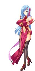 Rule 34 | 1girl, absurdres, aqua hair, bare shoulders, black thighhighs, boots, breasts, center opening, cleavage, crossed arms, detached sleeves, dress, full body, hair ornament, highres, hikage eiji, koihime musou, large breasts, long hair, long sleeves, looking at viewer, mole, mole under eye, navel, one eye closed, open mouth, red eyes, solo, teifu, thighhighs, transparent background, yatsuha kanan