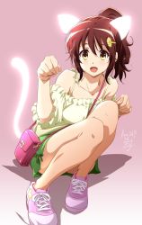 Rule 34 | 1girl, alternate hairstyle, animal ears, bag, beige blouse, brown eyes, brown hair, casual, cat ears, cat tail, curly hair, green skirt, hibike! euphonium, highres, looking at viewer, nii manabu, oumae kumiko, paw pose, pink background, ponytail, shoes, short hair, sitting, skirt, sneakers, solo, tail