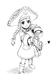 Rule 34 | 00s, 1girl, binoculars, braid, greyscale, gun, hat, heart, looking at viewer, monochrome, patty fleur, pirate hat, shira-kaba, simple background, solo, tales of (series), tales of vesperia, weapon, white background