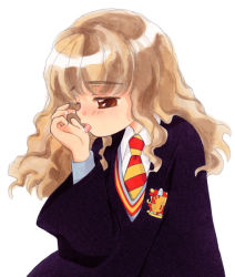 Rule 34 | 1girl, blush, brown eyes, dress shirt, emblem, harry potter (series), hermione granger, licking, licking hand, light brown hair, long hair, necktie, robe, rope, school uniform, shirt, simple background, solo, suggestive fluid, sweater, tongue, tongue out, wavy hair, white background, wide sleeves, wizarding world