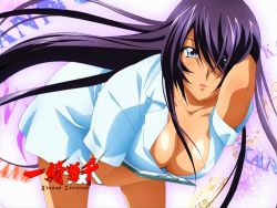 Rule 34 | 00s, 10s, 1girl, bent over, blue eyes, breasts, cleavage, clipboard, copyright name, dark-skinned female, dark skin, hair over one eye, ikkitousen, ikkitousen xtreme xecutor, kan&#039;u unchou, long hair, no bra, nurse, open mouth, purple hair, skirt, solo, surprised, very long hair