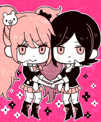 Rule 34 | 2girls, bear hair ornament, black skirt, blonde hair, blush, calf boots, chibi, closed mouth, danganronpa: trigger happy havoc, danganronpa (series), ears, enoshima junko, female focus, floral background, floral print, freckles, full body, hair ornament, holding hands, ikusaba mukuro, incest, long hair, looking at viewer, matching outfits, multicolored background, multicolored clothes, multiple girls, pink background, pleated skirt, siblings, simple background, sisters, skirt, smile, twins, twintails, yuri