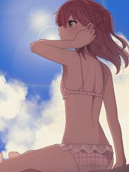 Rule 34 | 1girl, adjusting hair, barefoot, beach, bikini, blue sky, bocchi the rock!, breasts, cloud, commentary request, green eyes, hair between eyes, kita ikuyo, lens flare, long hair, looking to the side, on floor, one side up, outdoors, pink bikini, plaid, plaid bikini, profile, red hair, sand, sitting, sky, small breasts, solo, swimsuit, tennosuke (tejons), toes