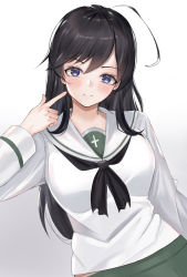 Rule 34 | 1girl, ahoge, black eyes, black hair, closed mouth, commentary, girls und panzer, gradient background, grey background, highres, isuzu hana, long hair, looking at viewer, mamaa (maeni6379), ooarai school uniform, pointing, pointing at self, school uniform, smile, solo, standing, white background
