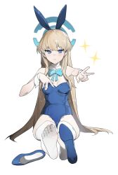 Rule 34 | 1girl, absurdres, ananke 7, blonde hair, blue archive, blue bow, blue bowtie, blue eyes, blue footwear, blue leotard, blush, bow, bowtie, breasts, closed mouth, detached collar, expressionless, feet, foreshortening, full body, halo, hand on own chest, hands up, high heels, highres, legs together, leotard, long hair, looking at viewer, medium breasts, no shoes, official alternate costume, outstretched arm, shiny skin, shoes, simple background, single shoe, sitting, sleeve cuffs, soles, solo, strapless, strapless leotard, thighhighs, toes, toki (blue archive), toki (bunny) (blue archive), v, white background, white thighhighs