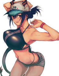 Rule 34 | 1girl, absurdres, arched back, arknights, armpits, arms up, baseball cap, bikini, bikini under clothes, black bikini, black hair, bracelet, breasts, brown eyes, ch&#039;en (arknights), ch'en (arknights), cowboy shot, dragon girl, dragon horns, dragon tail, female tourist c (arknights), grey shorts, hand on own head, hat, heart, highres, horns, huge breasts, jewelry, kojima (blue stardust), leaning forward, looking at viewer, micro shorts, navel, official alternate costume, open fly, open mouth, short hair, shorts, simple background, smile, solo, standing, string bikini, swimsuit, tail, white background, white hat