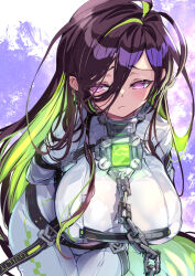 Rule 34 | 1girl, arms behind back, bodysuit, bound, bound arms, breasts, brown hair, chain, chain leash, closed mouth, colored inner hair, cuffs, frown, fujishima-sei ichi-gou, goddess of victory: nikke, green hair, guilty (nikke), hair behind ear, hair between eyes, highres, huge breasts, leash, light blush, long hair, multicolored hair, pink eyes, restrained, shackles, solo, straitjacket, two-tone hair, very long hair, white bodysuit